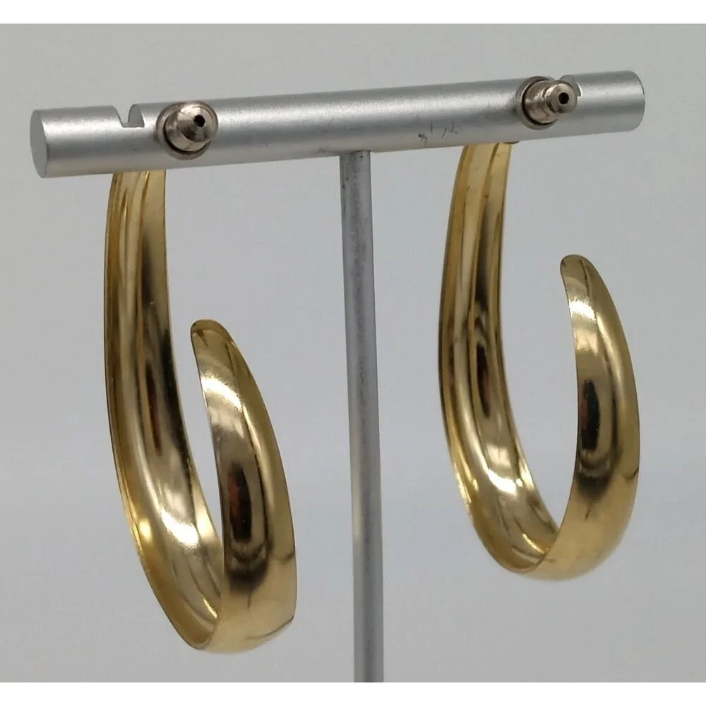 Gold Tone Oval Hoop Earrings Large Polished Unmarked Statement Jewelry Vintage S
